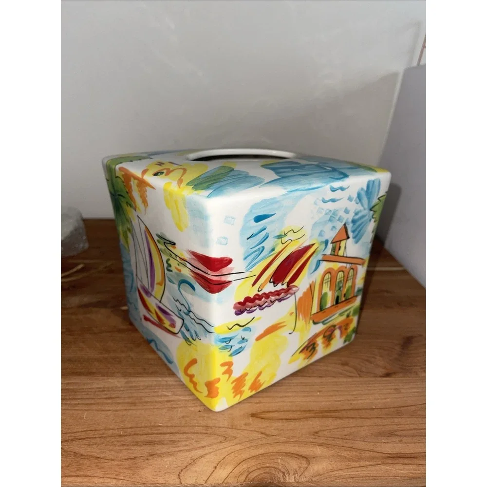 VTG Italian Riviera Ocean Sailing Palm Trees Colorful Ceramic Tissue Holder